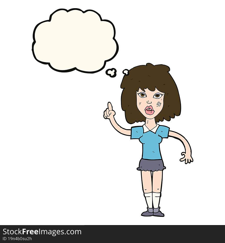 cartoon tough woman with idea with thought bubble