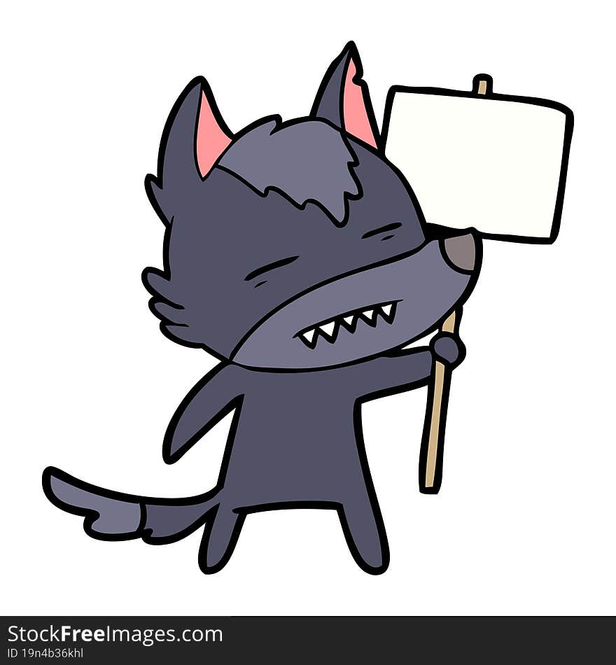 cartoon wolf with sign post showing teeth. cartoon wolf with sign post showing teeth