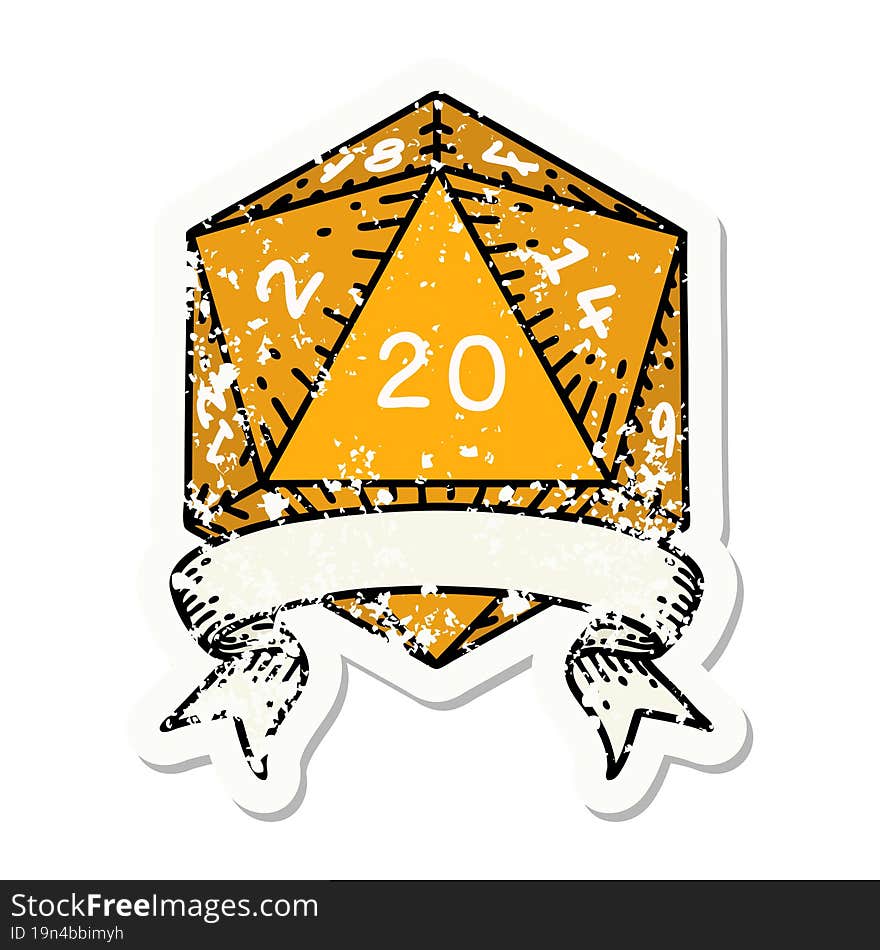 grunge sticker of a natural 20 critical hit D20 dice roll. grunge sticker of a natural 20 critical hit D20 dice roll