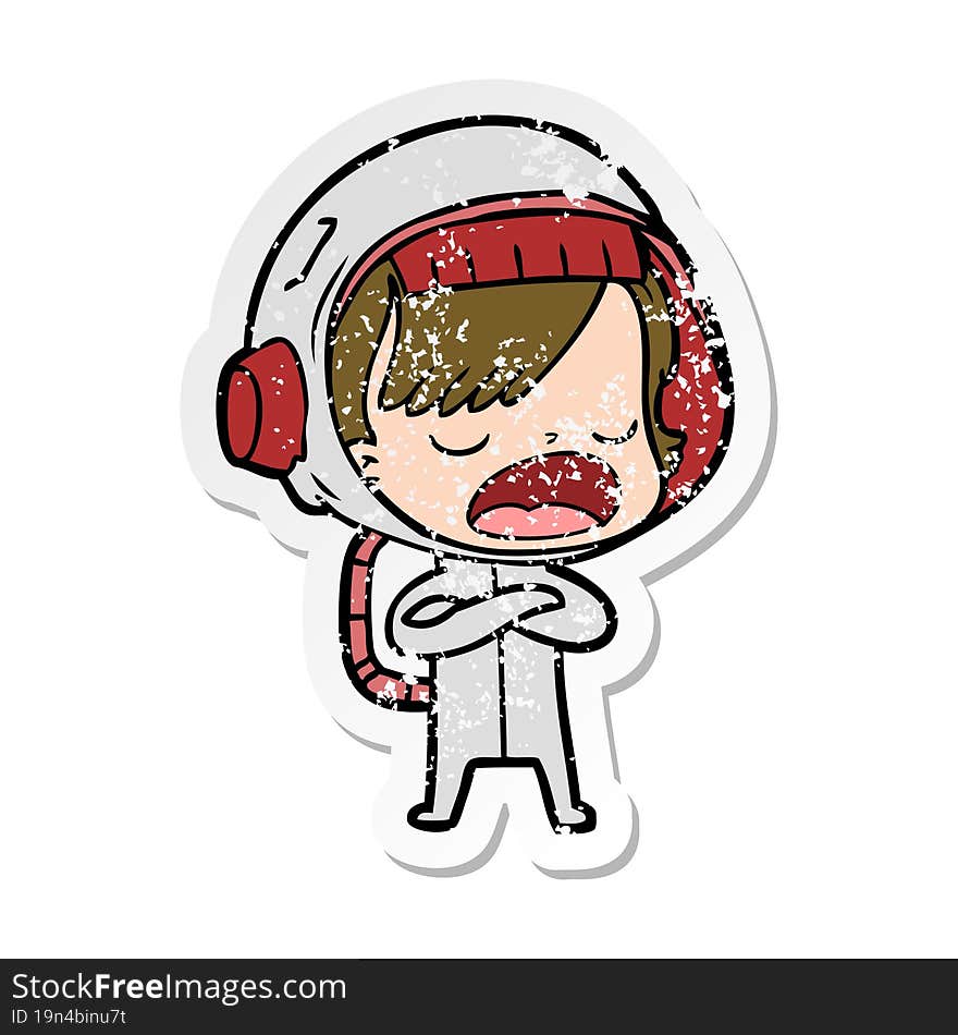 distressed sticker of a cartoon astronaut woman explaining