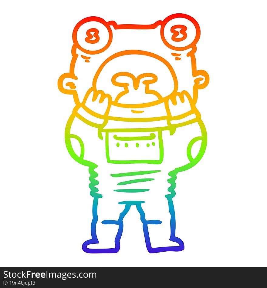 rainbow gradient line drawing of a cartoon alien gasping in surprise