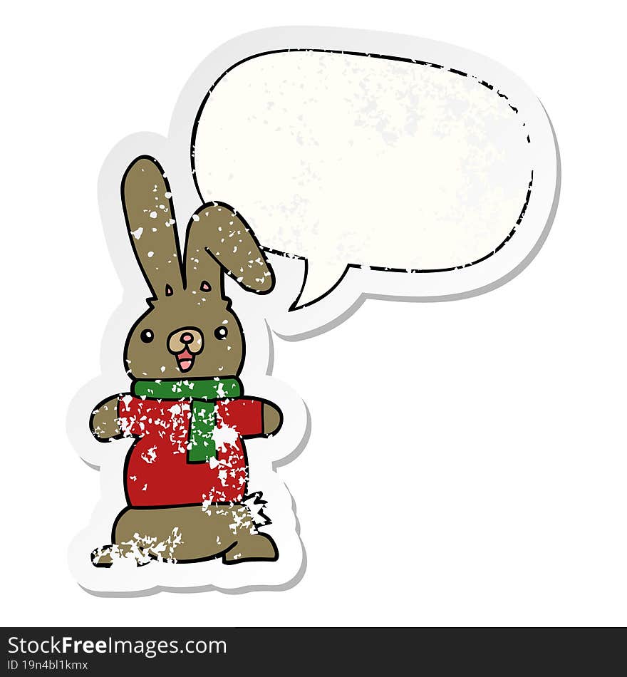 cartoon rabbit with speech bubble distressed distressed old sticker. cartoon rabbit with speech bubble distressed distressed old sticker