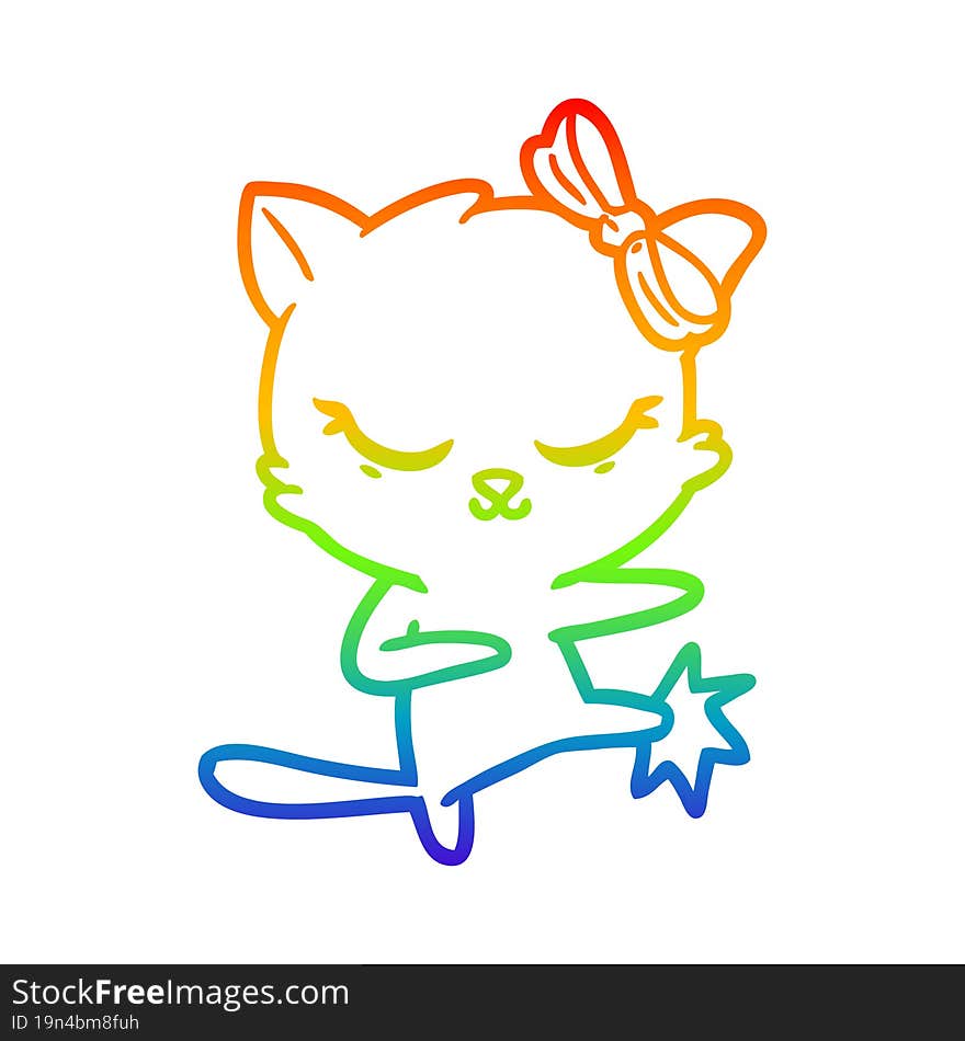 rainbow gradient line drawing of a cute cartoon cat with bow