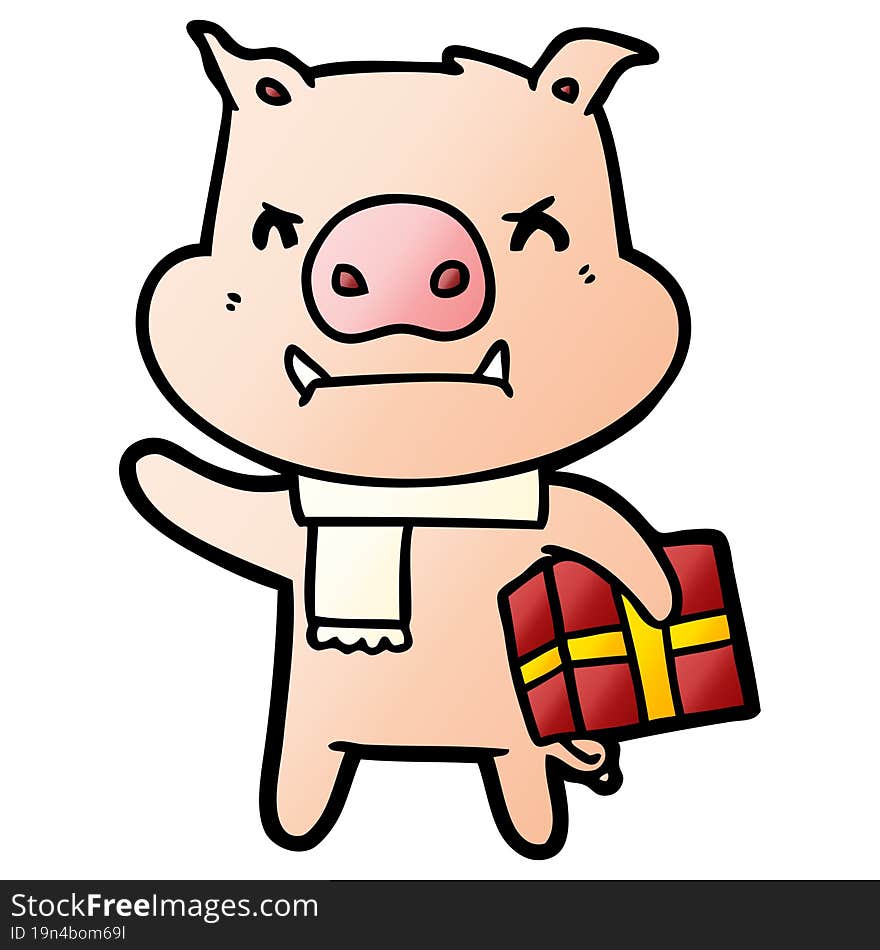 angry cartoon pig with christmas gift. angry cartoon pig with christmas gift