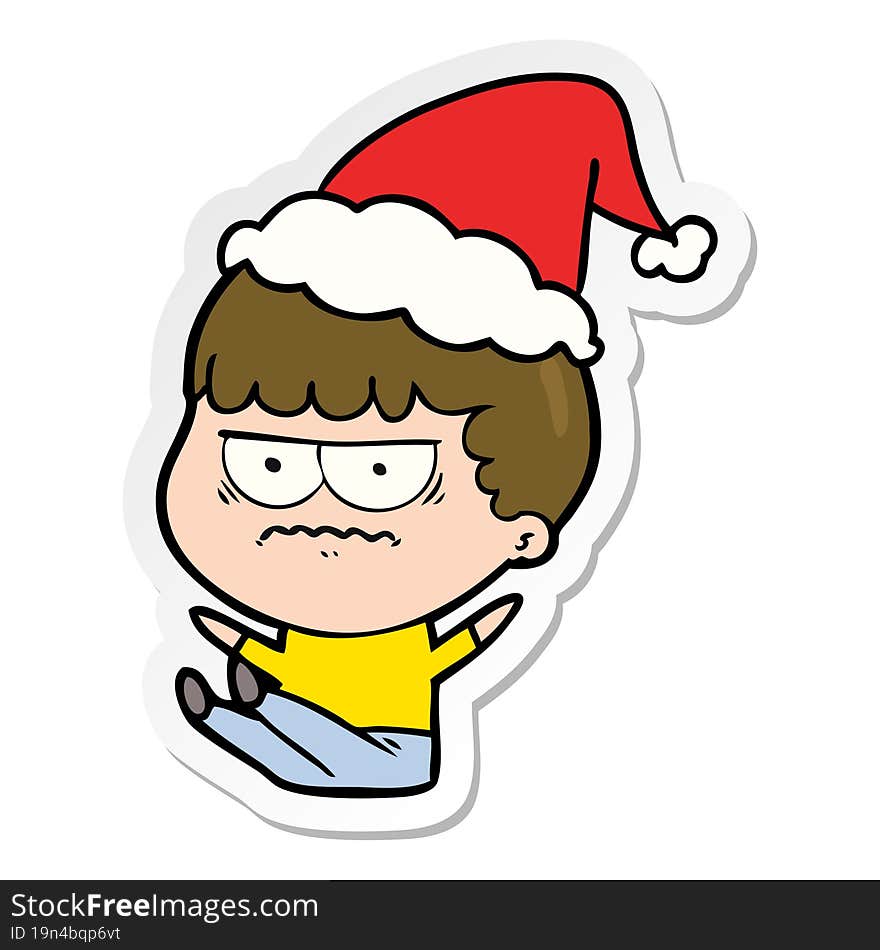 hand drawn sticker cartoon of a annoyed man wearing santa hat