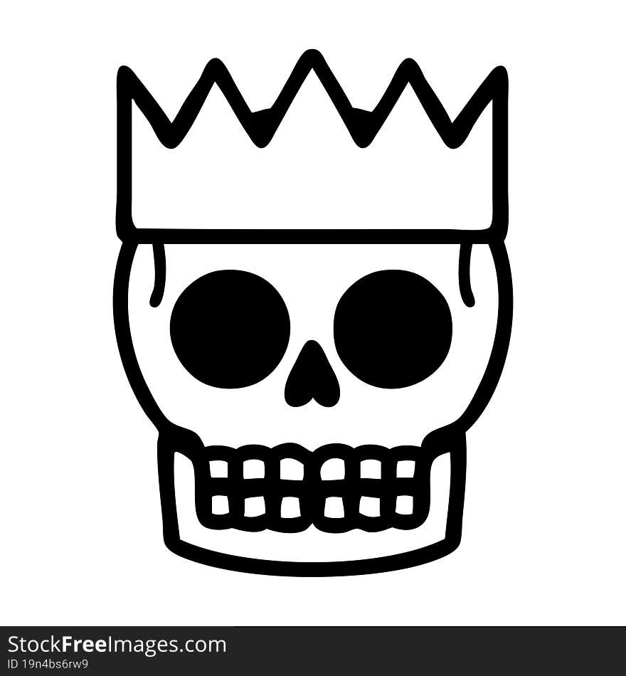 tattoo in black line style of a skull and crown. tattoo in black line style of a skull and crown