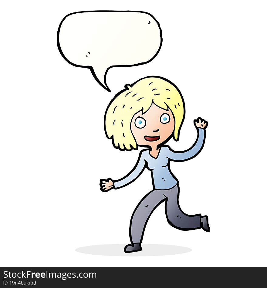 cartoon happy waving girl with speech bubble