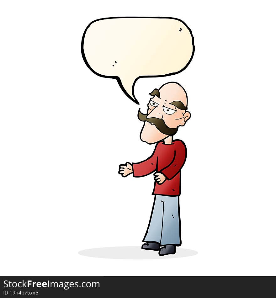 cartoon old man with mustache with speech bubble