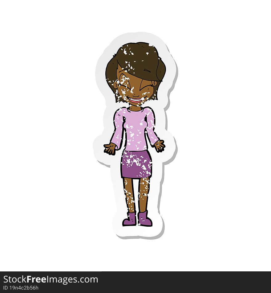 retro distressed sticker of a cartoon happy woman shrugging shoulders