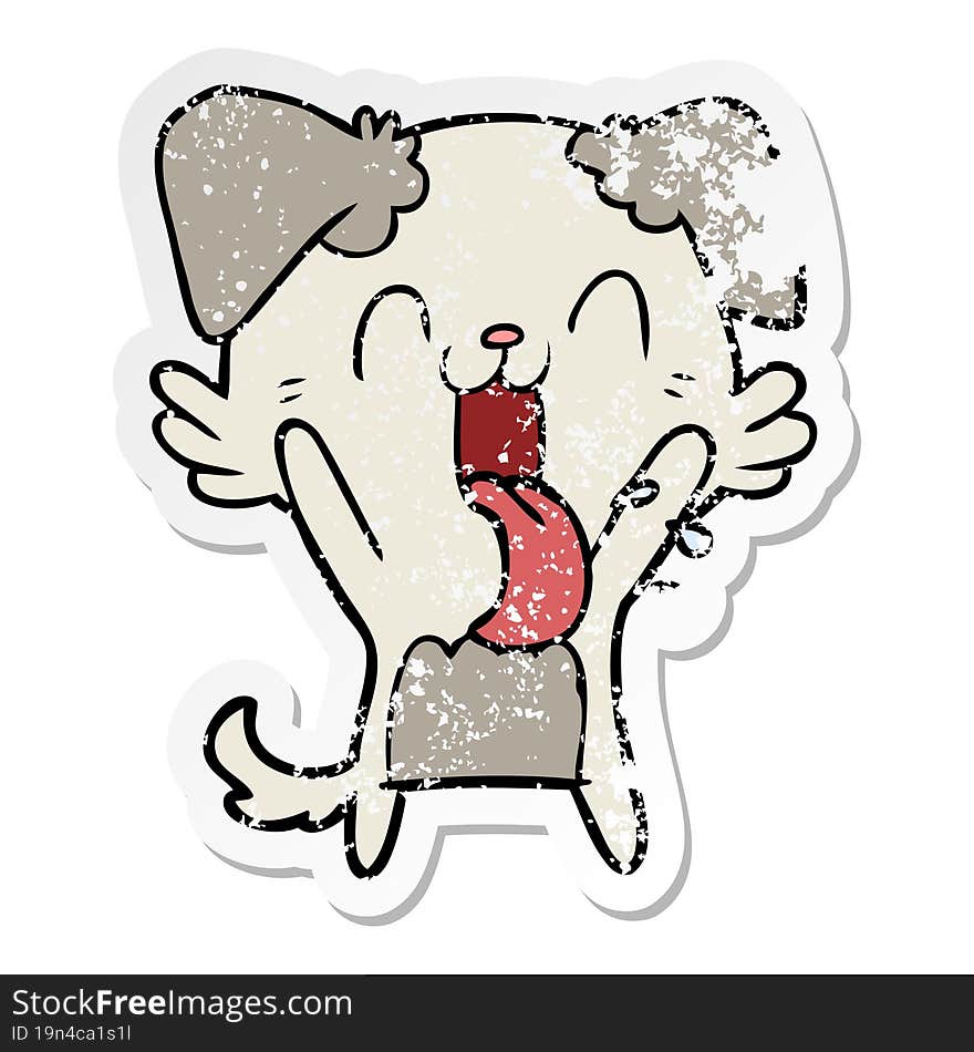 Distressed Sticker Of A Cartoon Panting Dog Waving