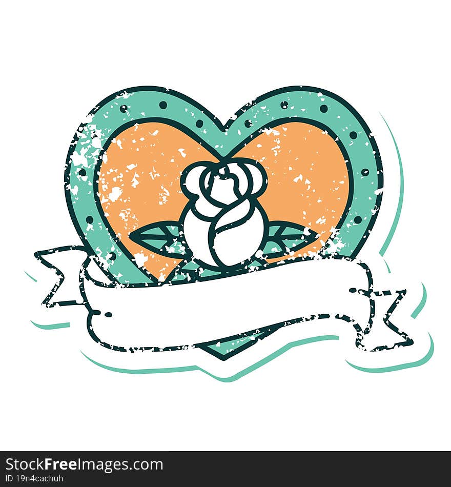 Distressed Sticker Tattoo Style Icon Of A Heart Rose And Banner