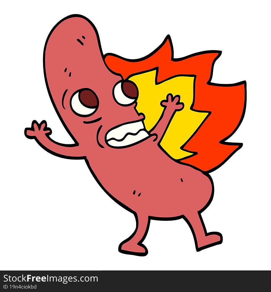 Hand Drawn Doodle Style Cartoon Flaming Hotdog