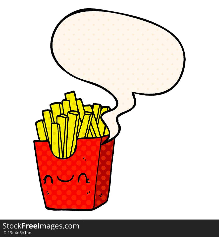 cartoon fries in box and speech bubble in comic book style