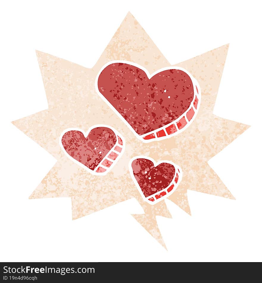 cartoon love hearts and speech bubble in retro textured style