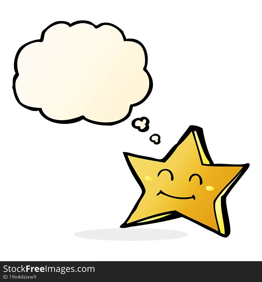 cartoon happy star character with thought bubble