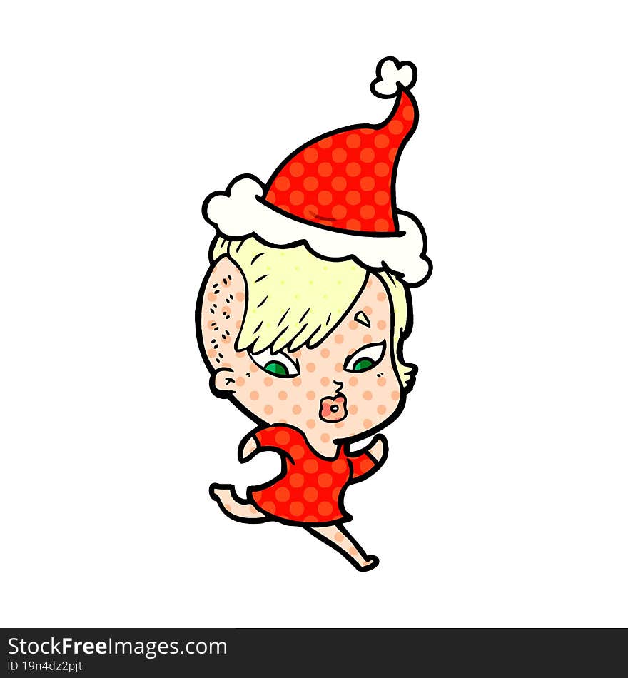 comic book style illustration of a surprised girl wearing santa hat