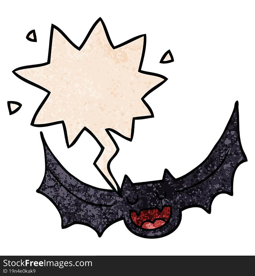 cartoon bat and speech bubble in retro texture style