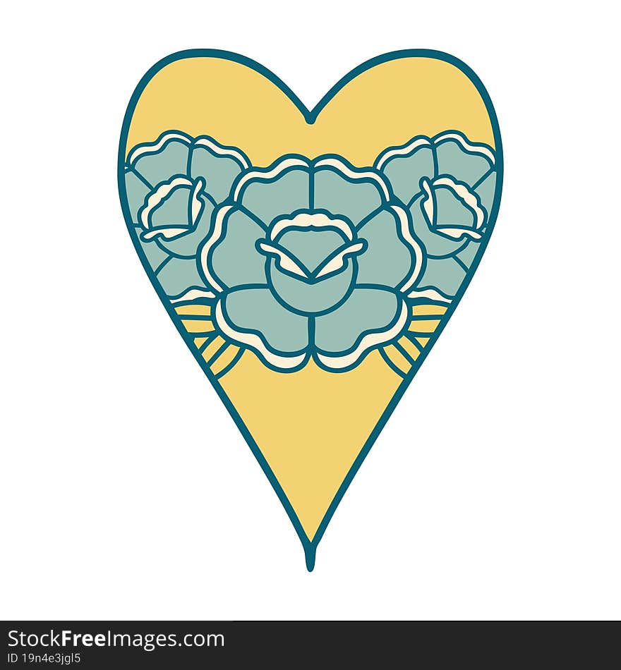 iconic tattoo style image of a heart and flowers. iconic tattoo style image of a heart and flowers