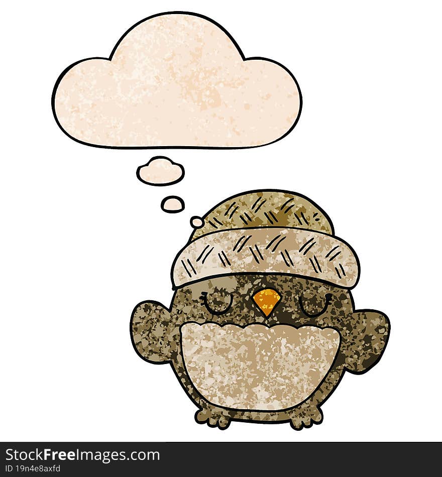 cute cartoon owl in hat and thought bubble in grunge texture pattern style