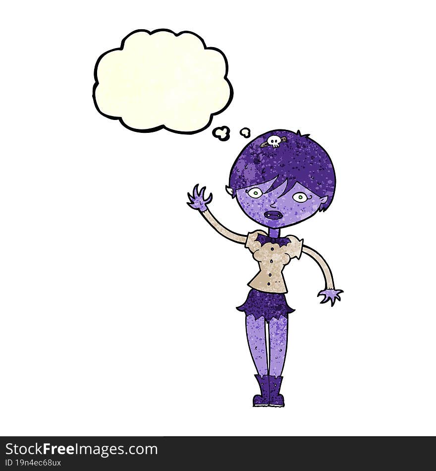 cartoon vampire girl waving with thought bubble