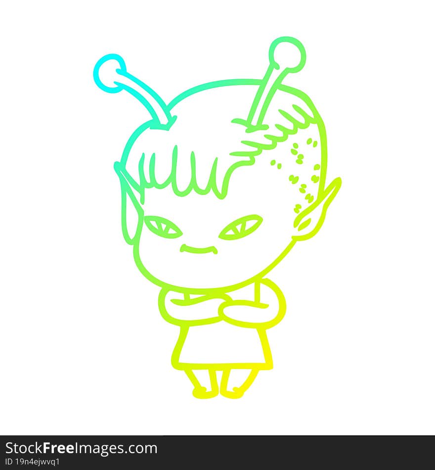 cold gradient line drawing cute cartoon alien girl