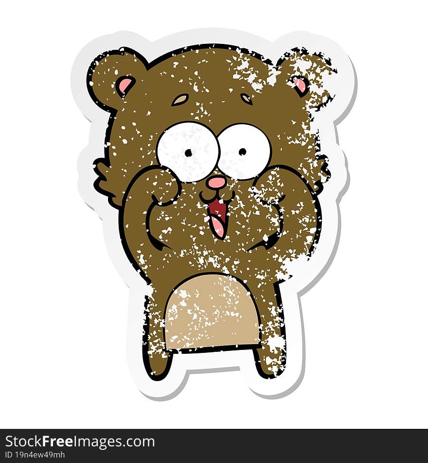 distressed sticker of a laughing teddy  bear cartoon