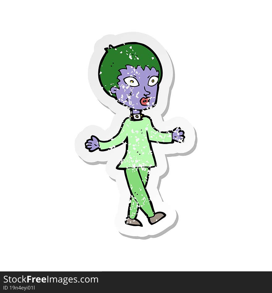 retro distressed sticker of a cartoon halloween zombie woman