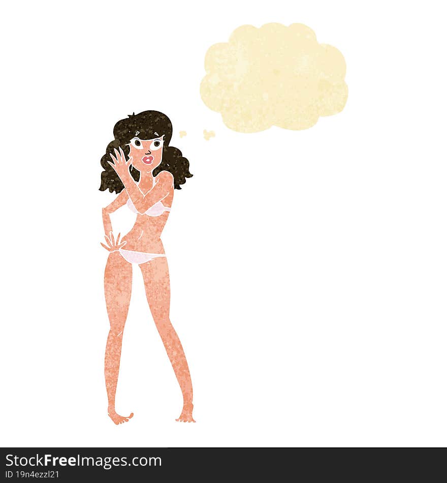 cartoon pretty woman in bikini with thought bubble