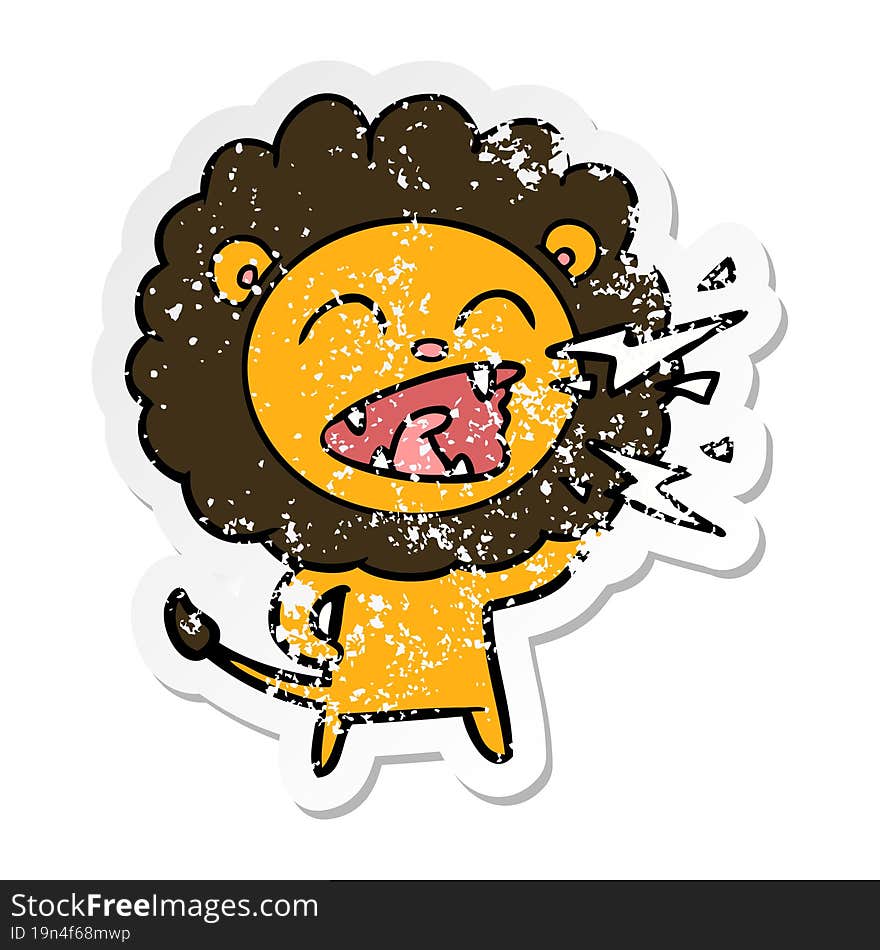 distressed sticker of a cartoon roaring lion