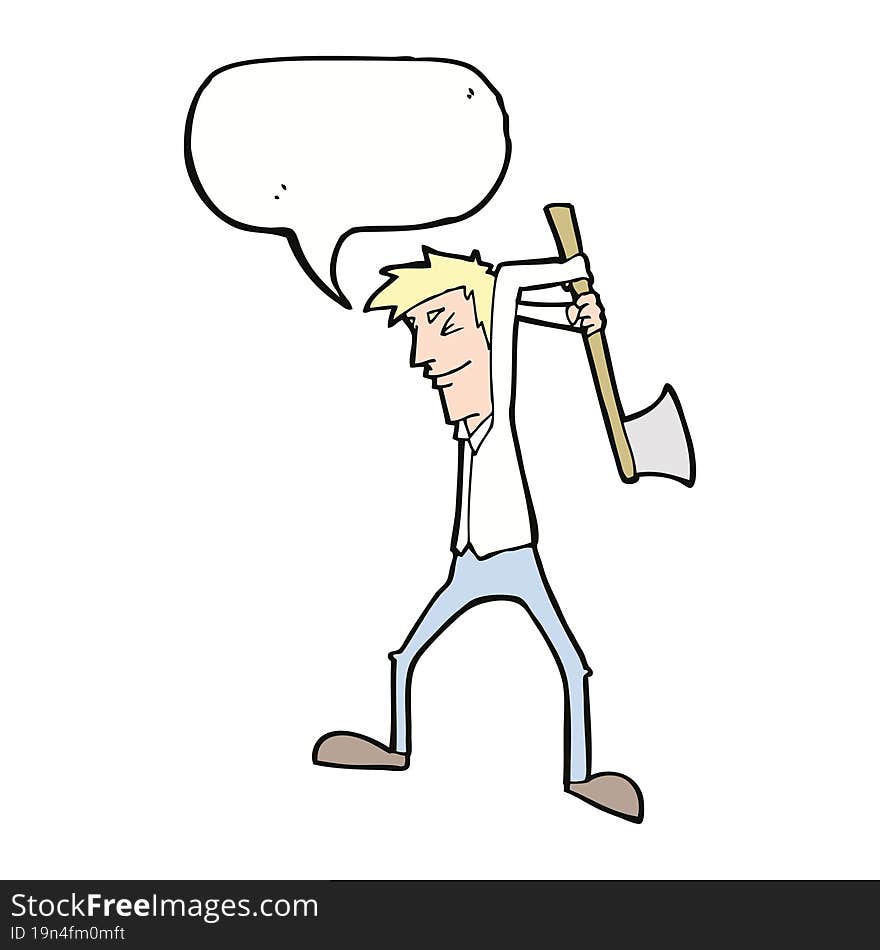 cartoon man swinging axe with speech bubble