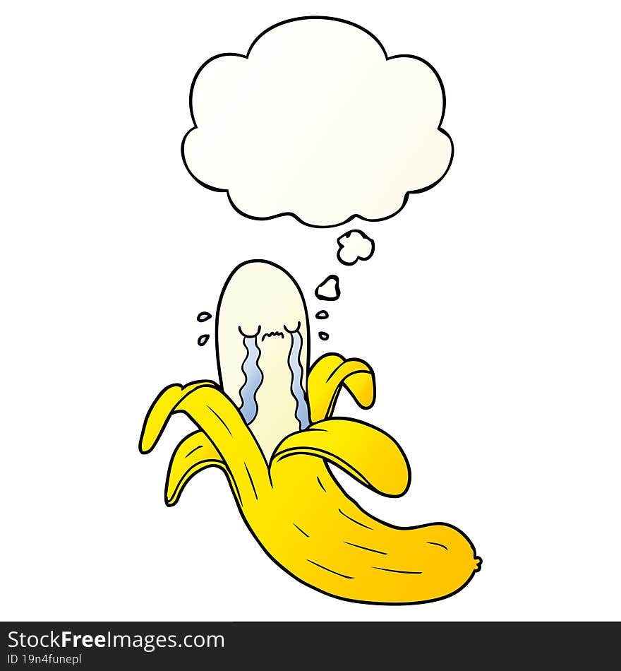 cartoon crying banana with thought bubble in smooth gradient style