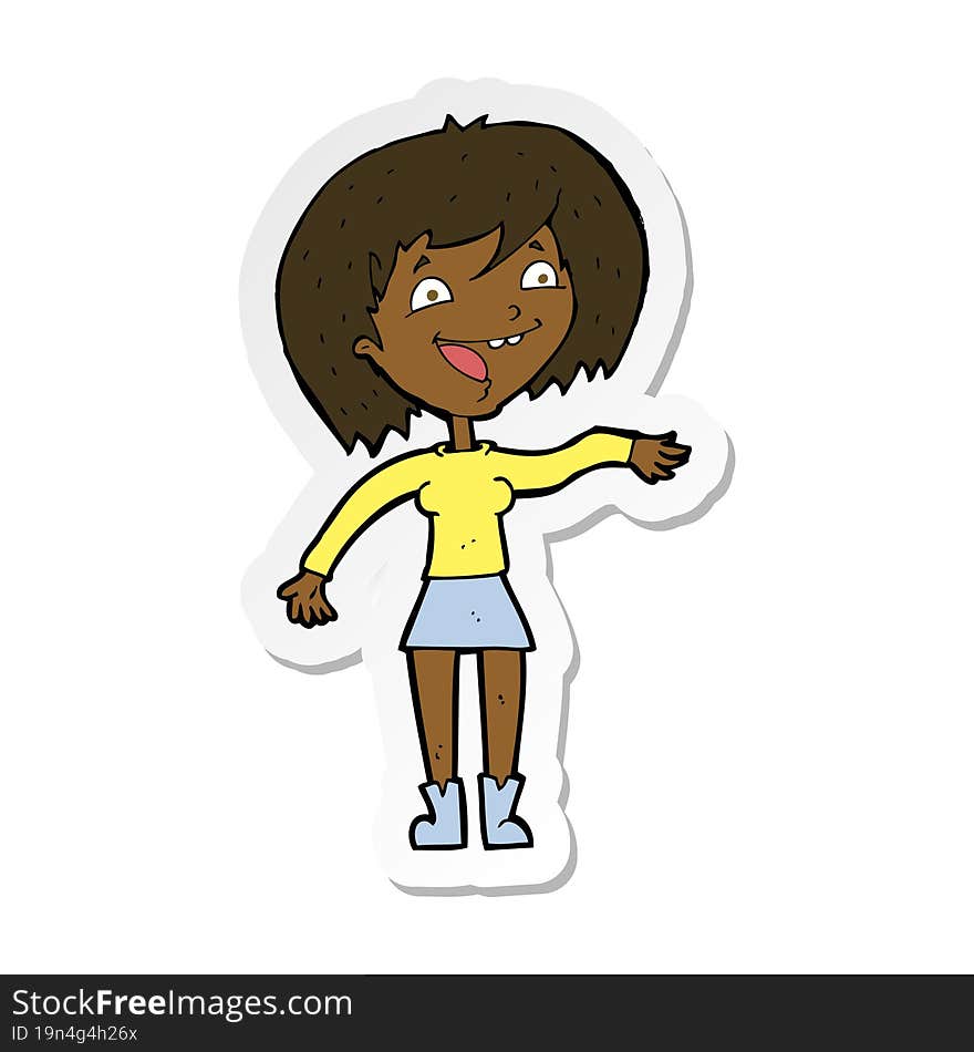 sticker of a cartoon waving woman