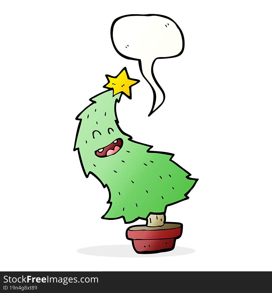 cartoon dancing christmas tree with speech bubble