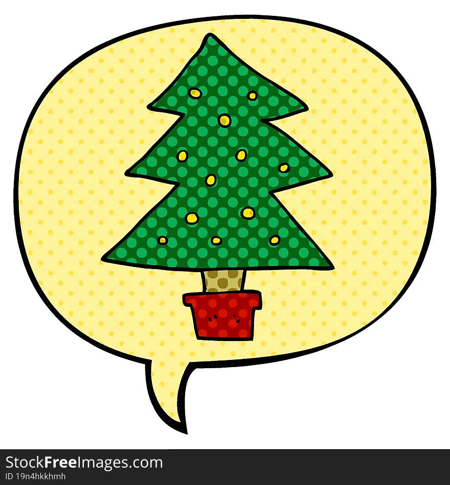 cartoon christmas tree and speech bubble in comic book style