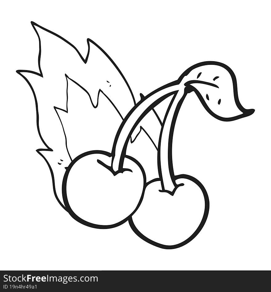 freehand drawn black and white cartoon flaming cherries