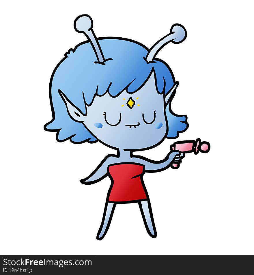 cartoon alien girl with ray gun. cartoon alien girl with ray gun