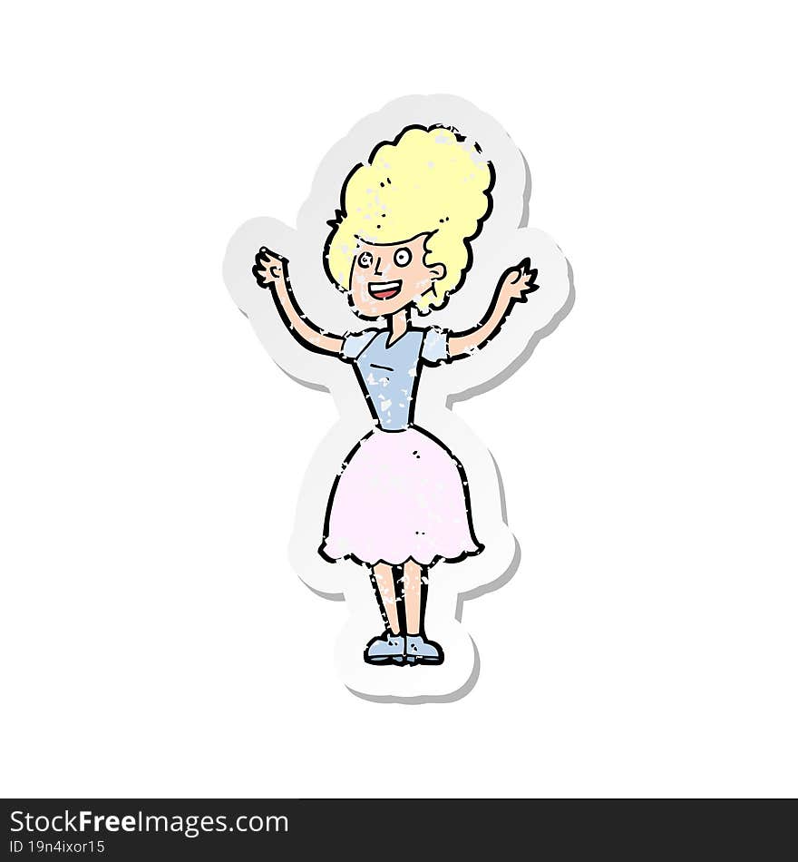 retro distressed sticker of a cartoon happy 1950s woman