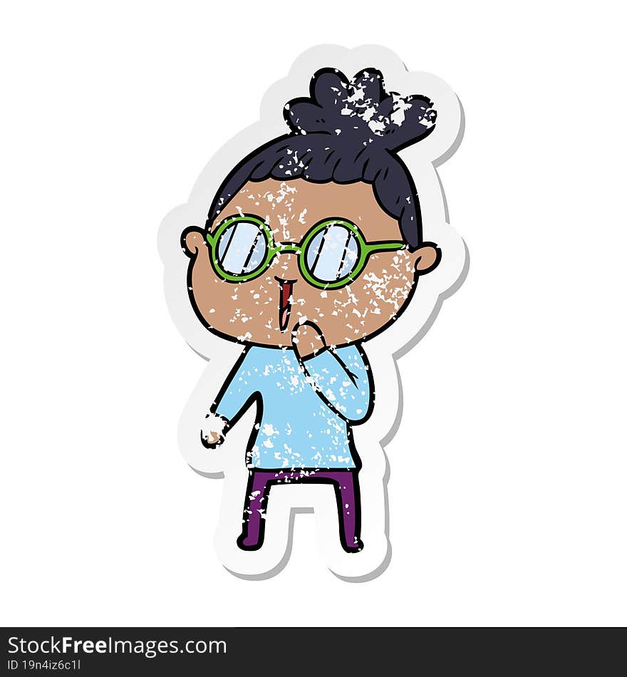 distressed sticker of a cartoon woman wearing spectacles