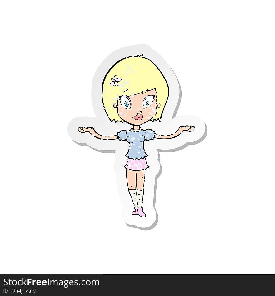 retro distressed sticker of a cartoon woman making balancing gesture