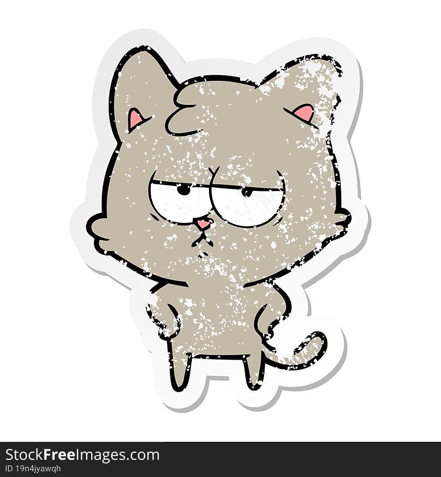 Distressed Sticker Of A Bored Cartoon Cat