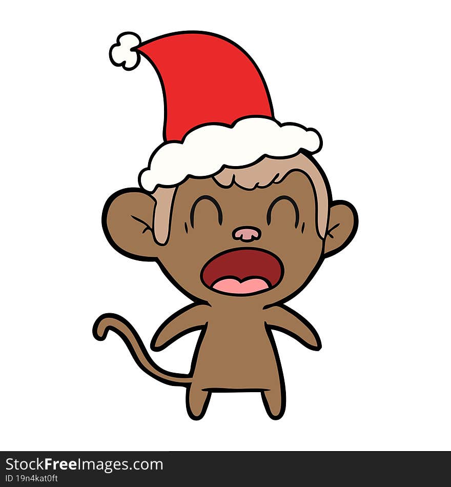 shouting line drawing of a monkey wearing santa hat