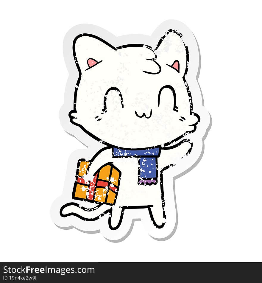 distressed sticker of a cartoon happy cat wearing scarf