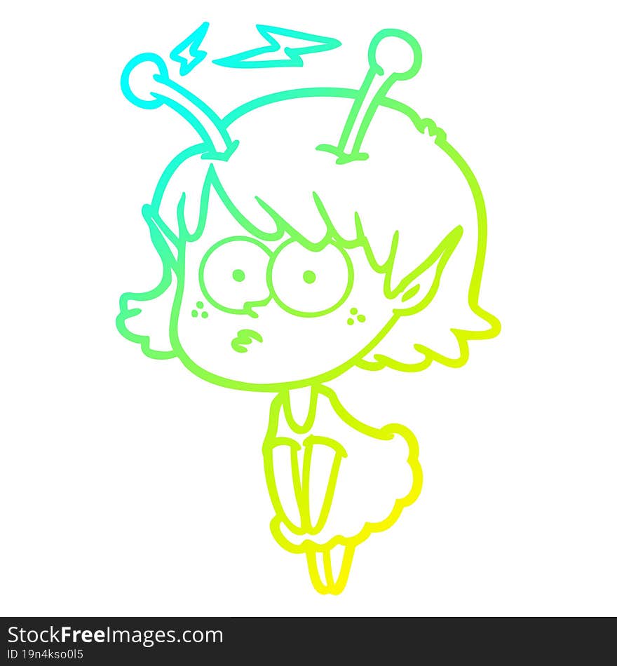 cold gradient line drawing of a cartoon alien girl