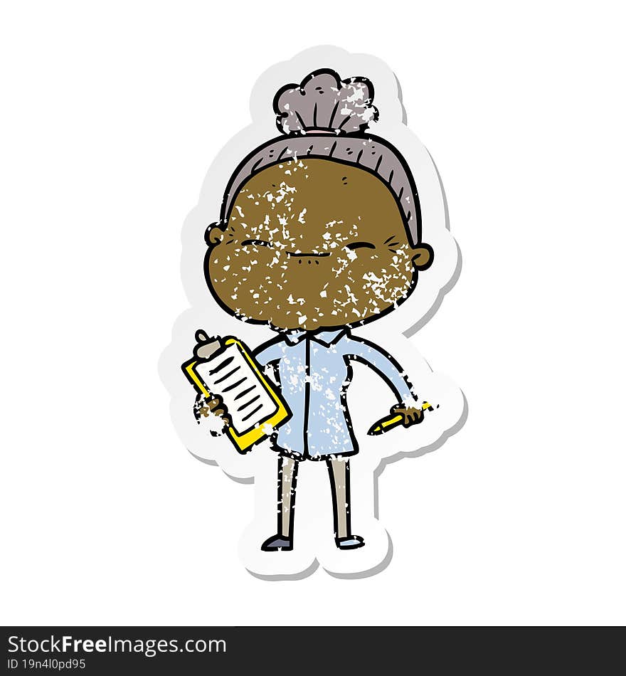 distressed sticker of a cartoon peaceful old woman