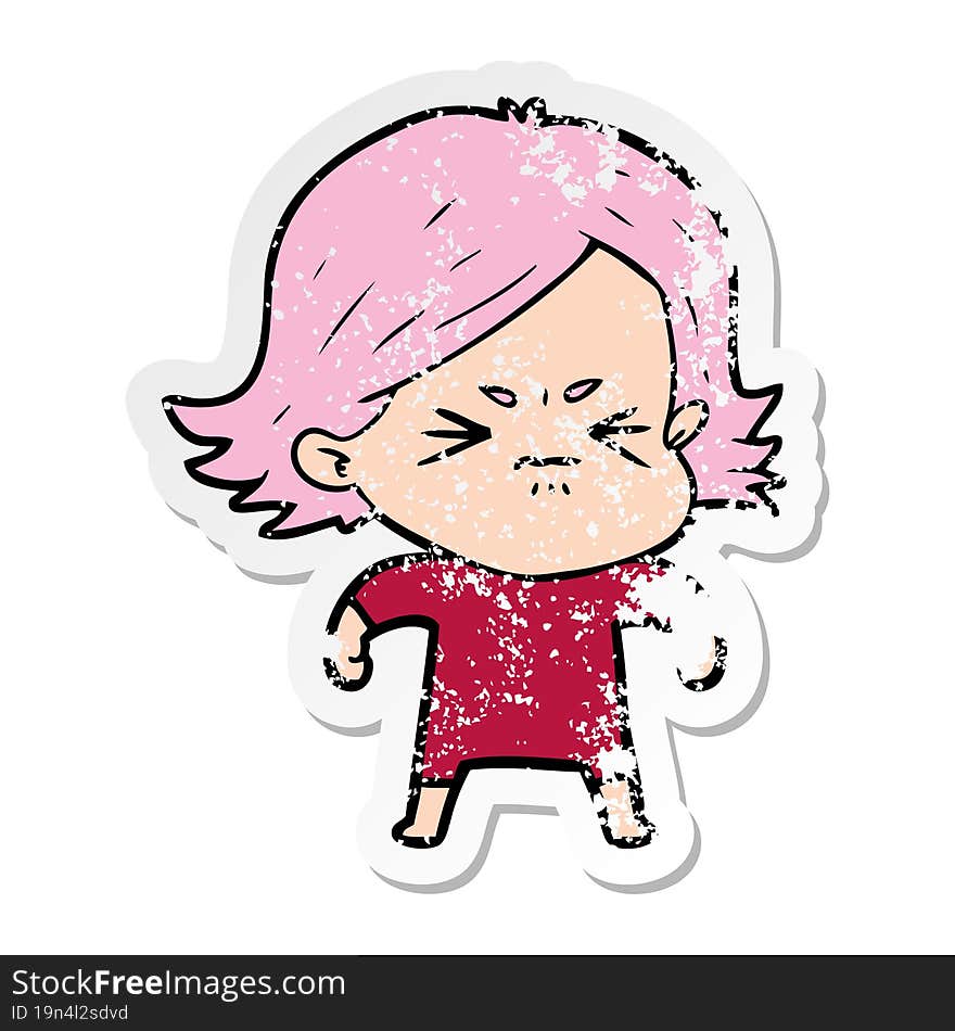 distressed sticker of a cartoon angry woman