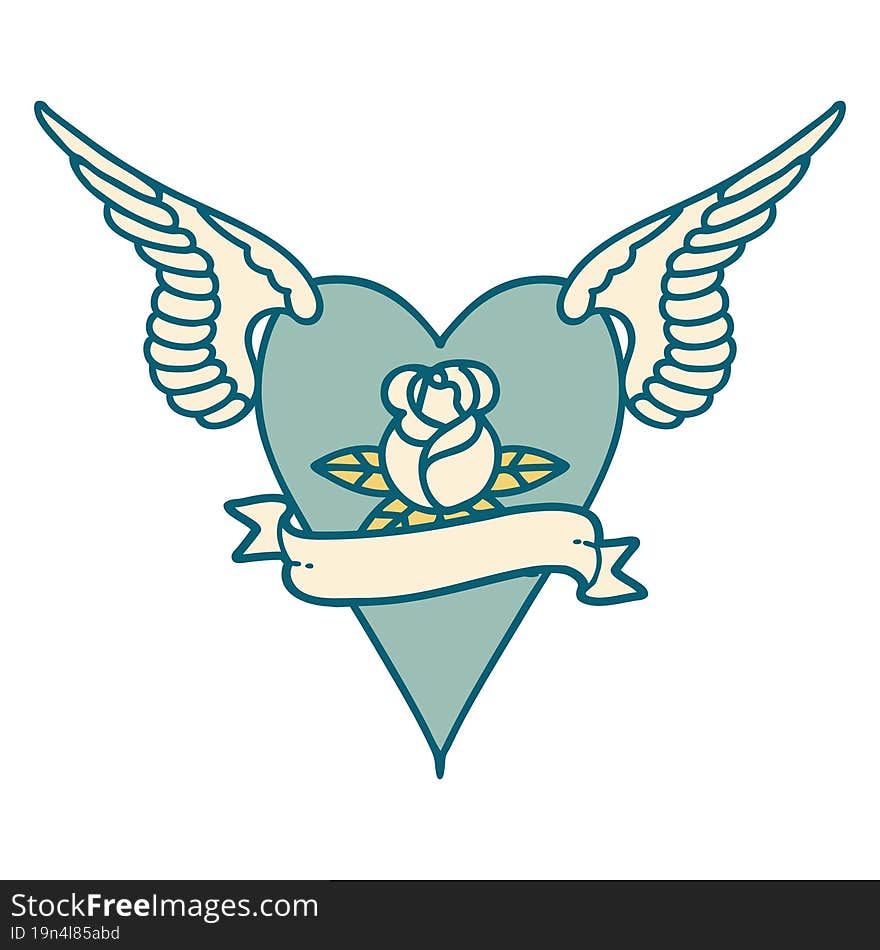 Tattoo Style Icon Of A Flying Heart With Flowers And Banner