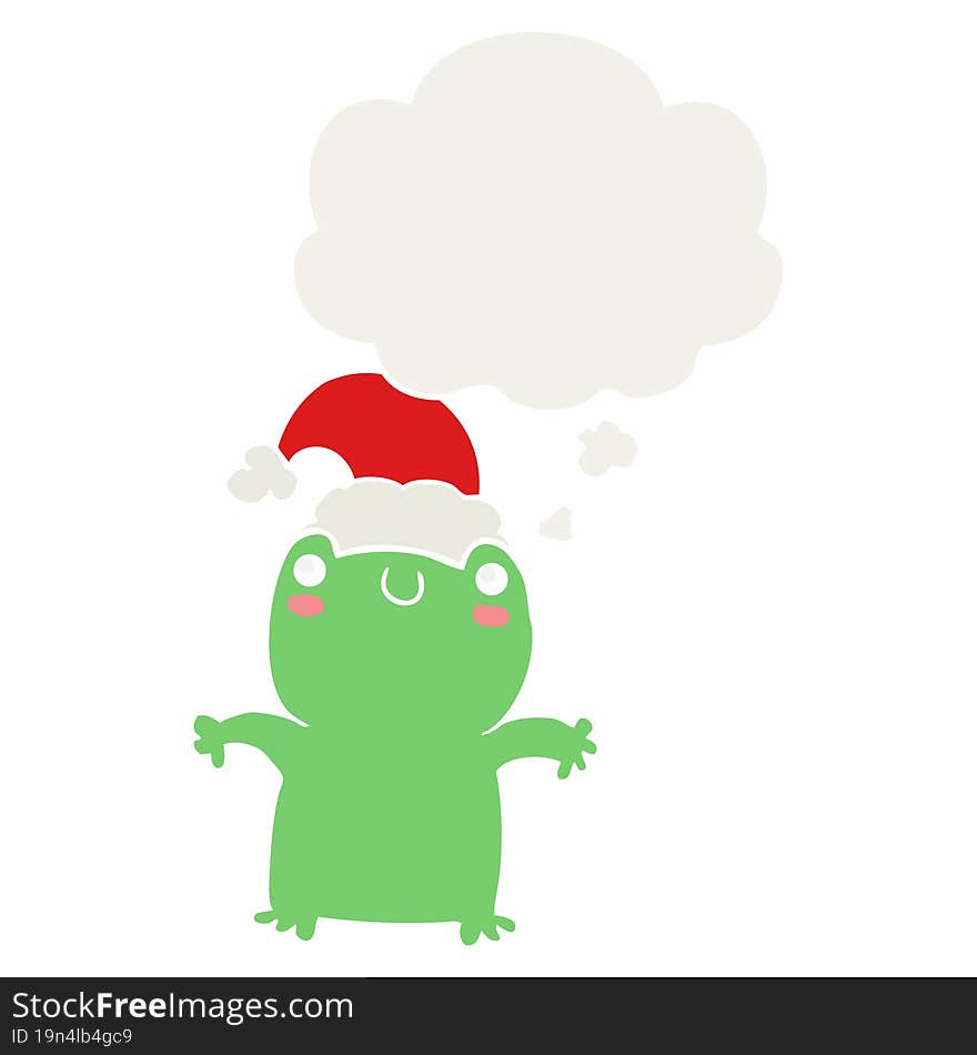 cute cartoon frog wearing christmas hat and thought bubble in retro style