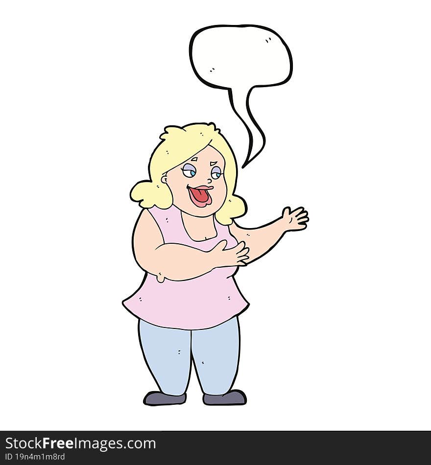 cartoon happy fat woman with speech bubble