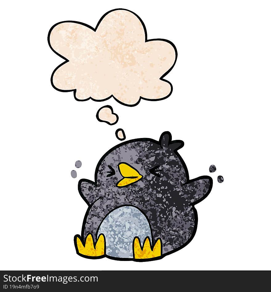 cartoon penguin and thought bubble in grunge texture pattern style