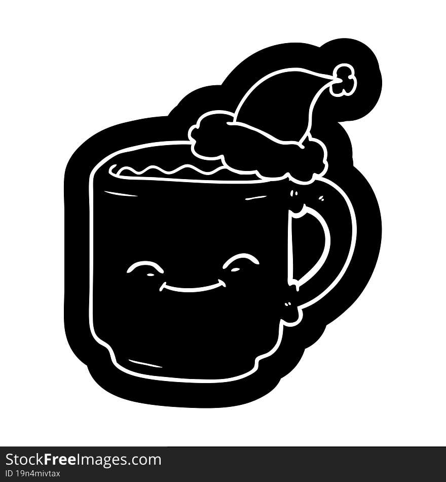 quirky cartoon icon of a coffee mug wearing santa hat